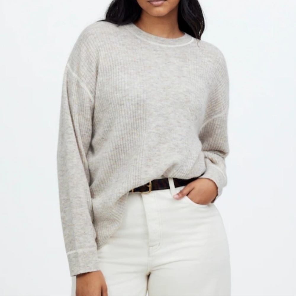 Madewell Alpaca Blend Beige Ribbed Crewneck Relaxed Fit Sweater Size Large